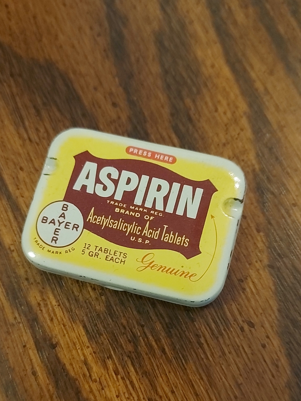 Vintage Yellow & Brown Aspirin Tin Decorative Accent
